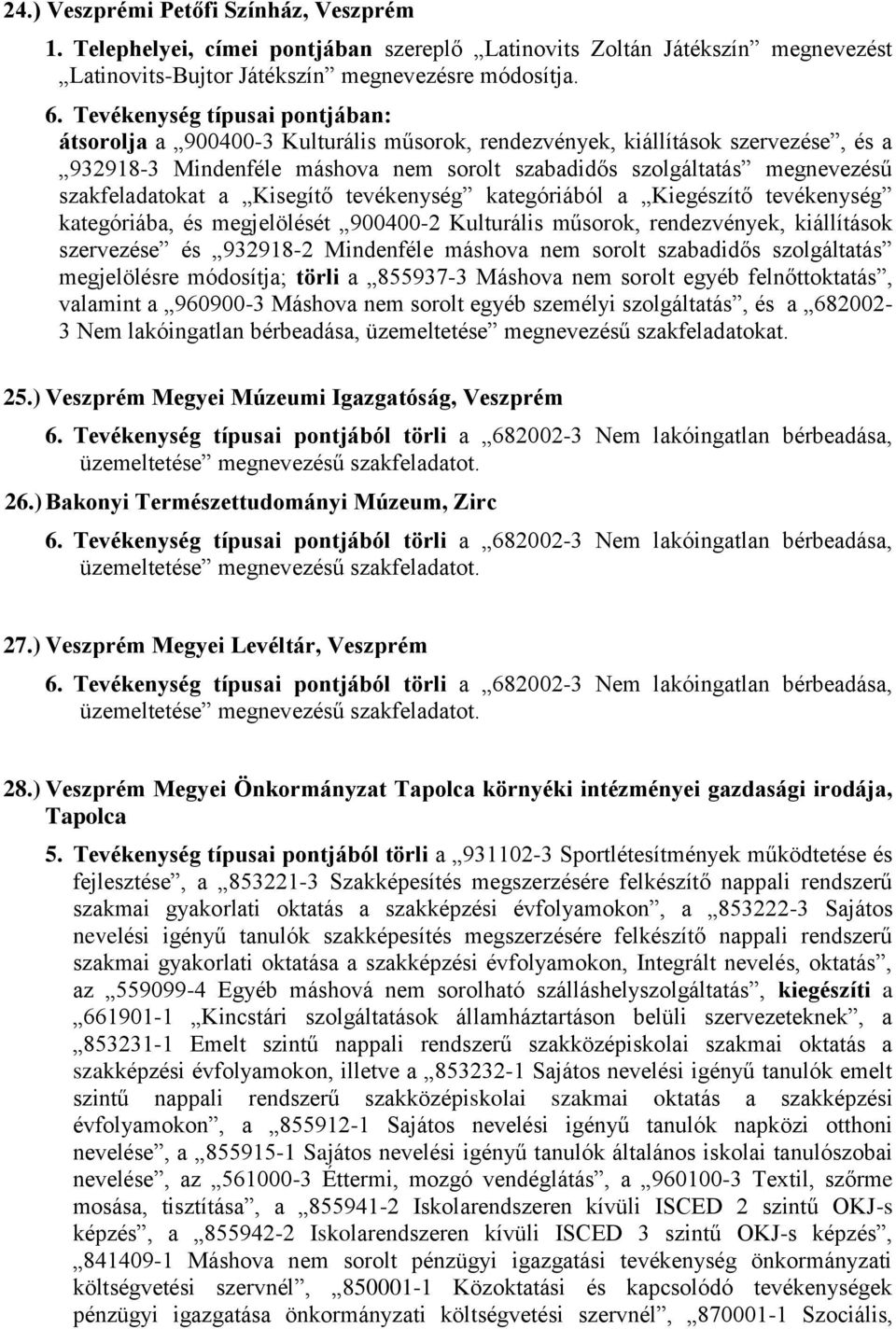 szakfeladatokat a Kisegítő tevékenység kategóriából a Kiegészítő tevékenység kategóriába, és megjelölését 900400-2 Kulturális műsorok, rendezvények, kiállítások szervezése és 932918-2 Mindenféle