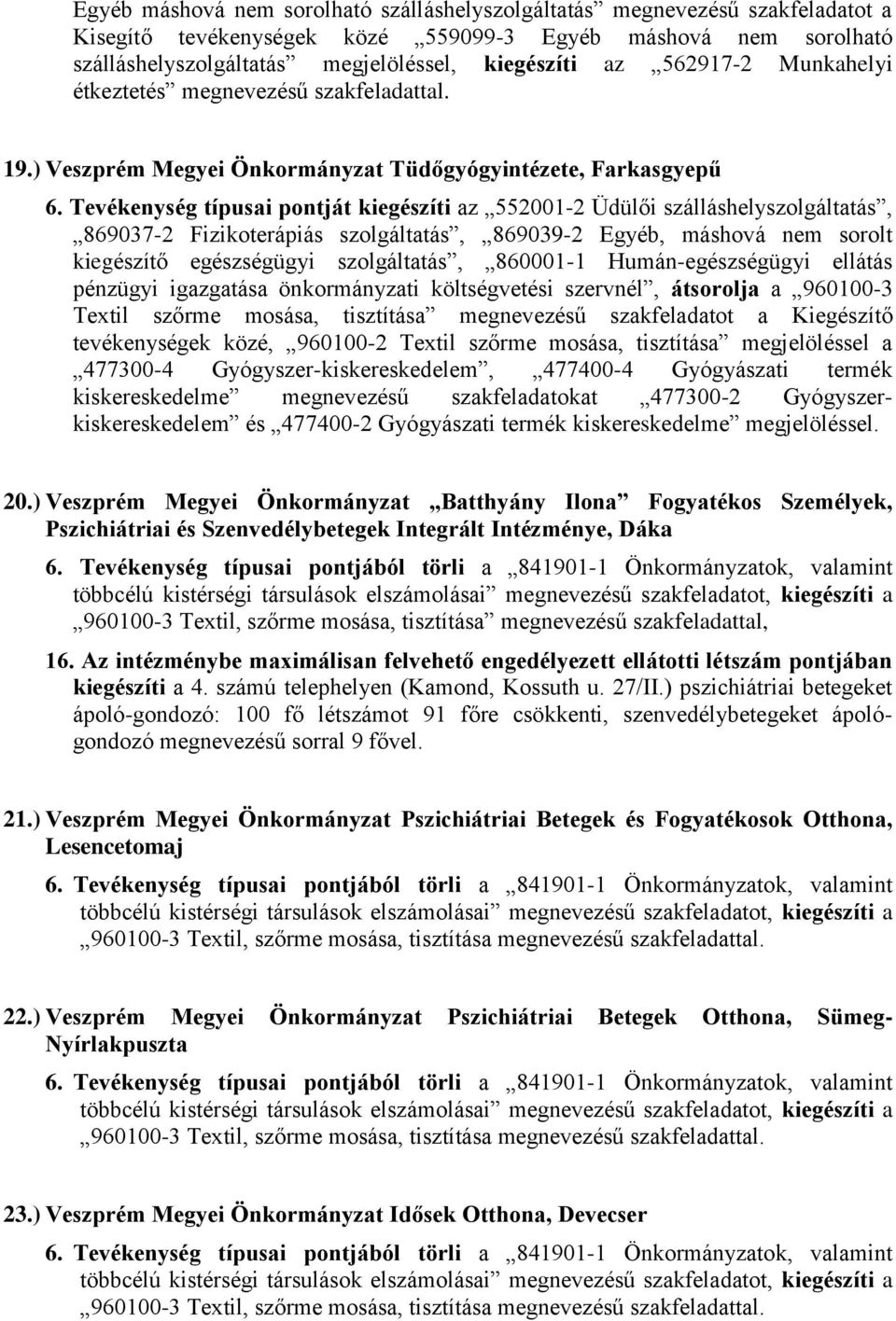 Tevékenység típusai pontját kiegészíti az 552001-2 Üdülői szálláshelyszolgáltatás, 869037-2 Fizikoterápiás szolgáltatás, 869039-2 Egyéb, máshová nem sorolt kiegészítő egészségügyi szolgáltatás,