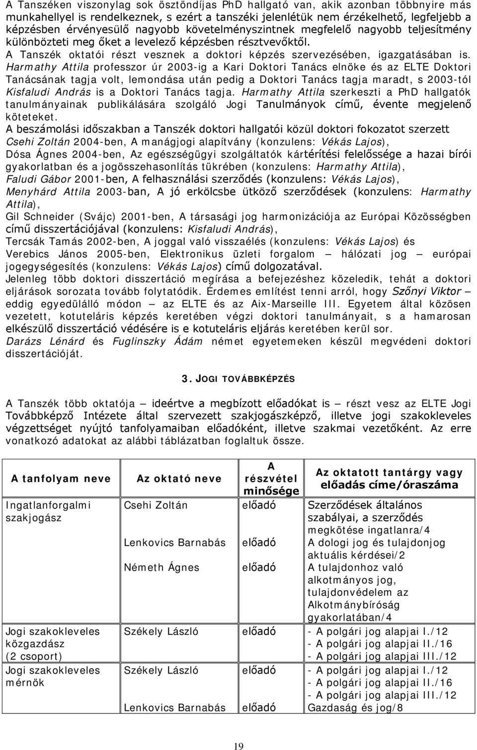 Harmathy Attila professzor úr 2003-ig a Kari Doktori Tanács elnöke és az ELTE Doktori Tanácsának tagja volt, lemondása után pedig a Doktori Tanács tagja maradt, s 2003-tól Kisfaludi András is a