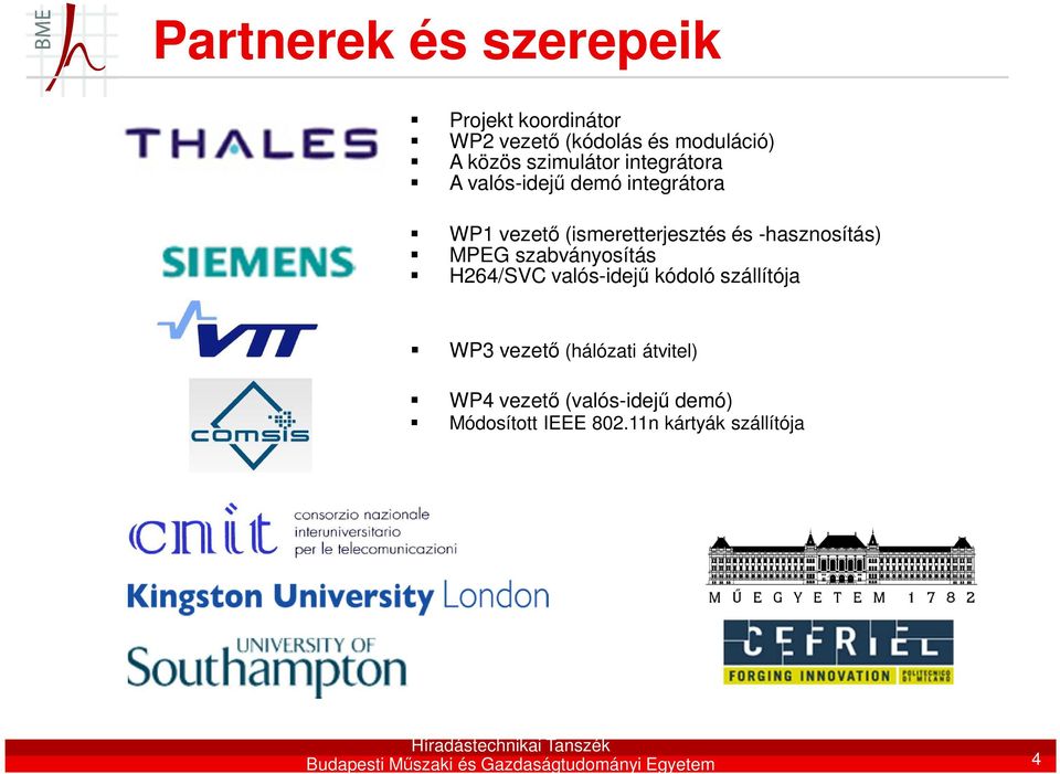 szabványosítás H264/SVC valós-idejű kódoló szállítója WP3 vezető (hálózati átvitel) WP4 vezető