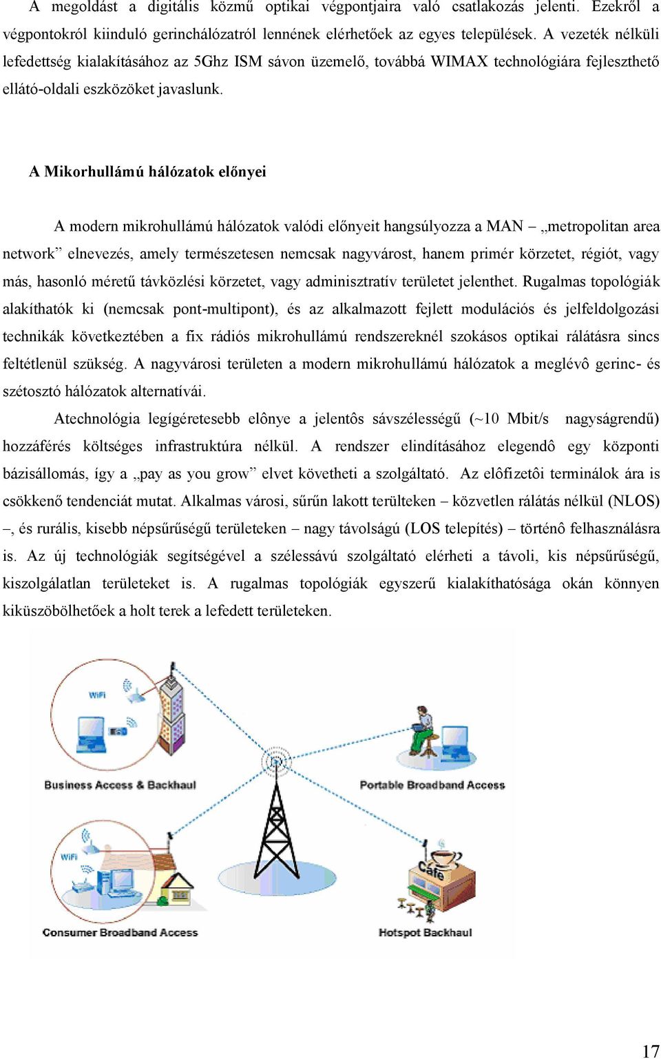 A Mikorhullámú hálózatok előnyei A modern mikrohullámú hálózatok valódi előnyeit hangsúlyozza a MAN metropolitan area network elnevezés, amely természetesen nemcsak nagyvárost, hanem primér körzetet,