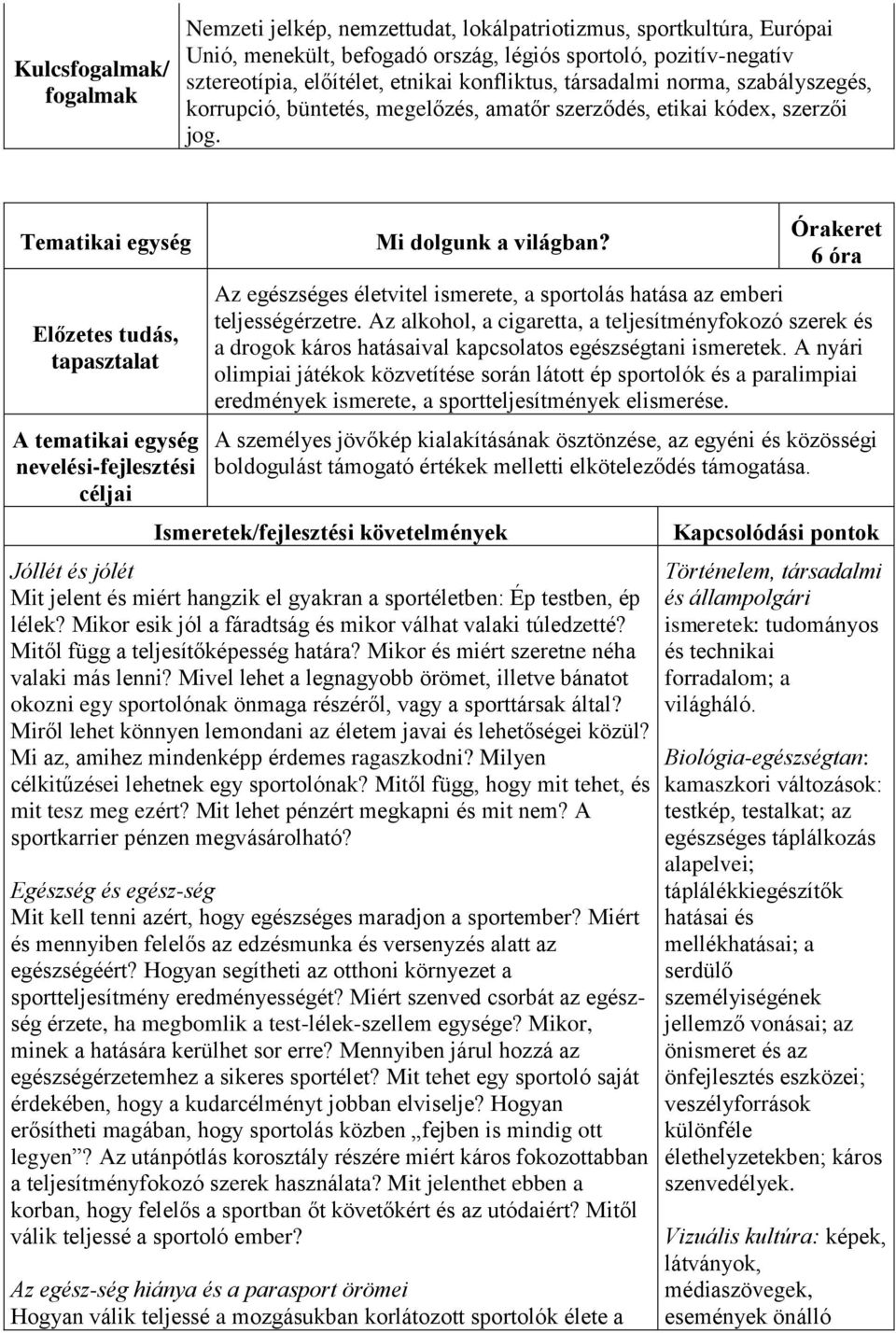 Tematikai egység Előzetes tudás, tapasztalat A tematikai egység nevelési-fejlesztési céljai Mi dolgunk a világban?