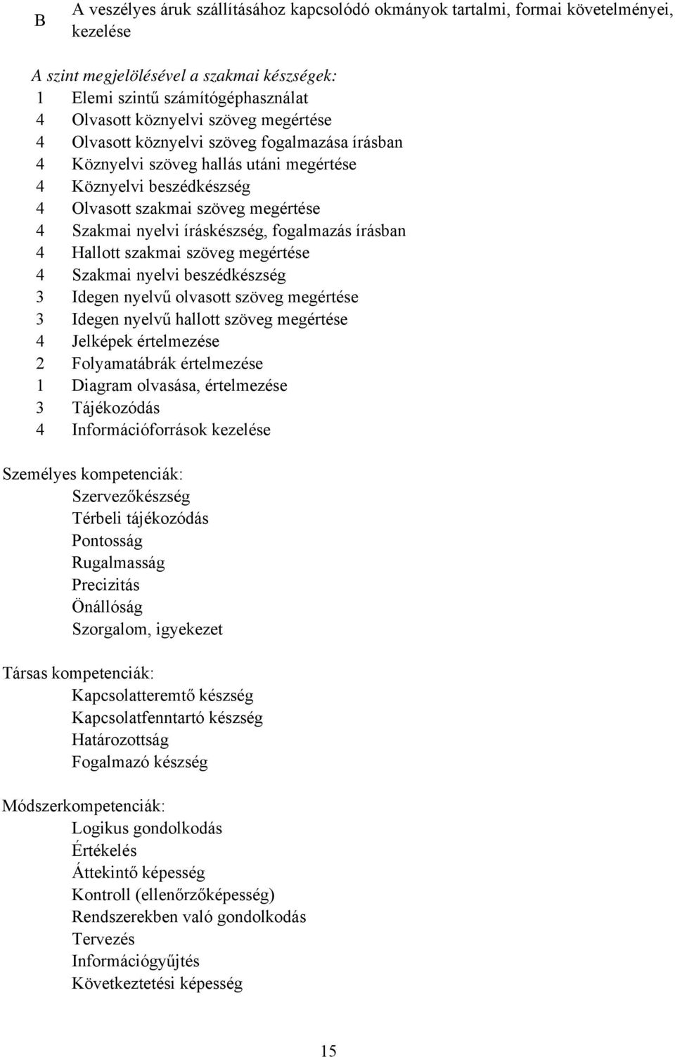 fogalmazás írásban 4 Hallott szakmai szöveg megértése 4 Szakmai nyelvi beszédkészség 3 Idegen nyelvű olvasott szöveg megértése 3 Idegen nyelvű hallott szöveg megértése 4 Jelképek értelmezése 2