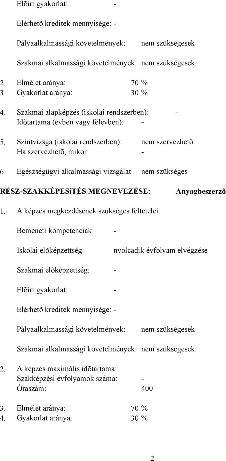 Egészségügyi alkalmassági vizsgálat: nem szükséges RÉSZ-SZAKKÉPESíTÉS MEGNEVEZÉSE: Anyagbeszerző 1.