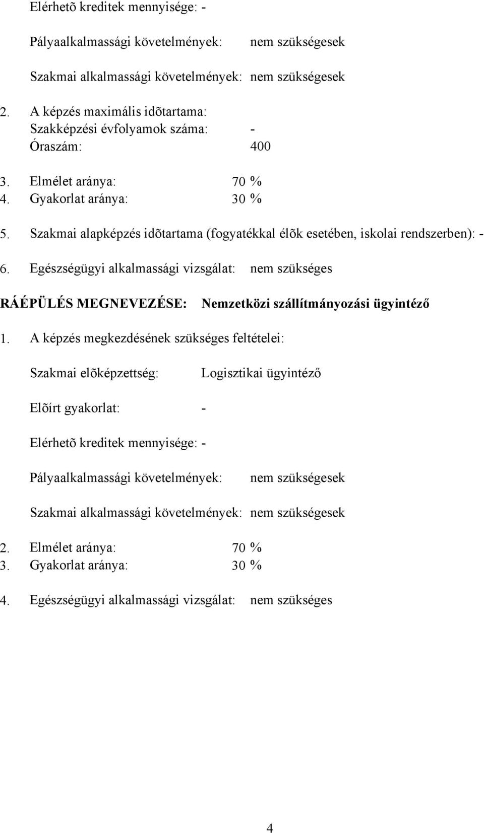 Szakmai alapképzés idõtartama (fogyatékkal élõk esetében, iskolai rendszerben): - 6. Egészségügyi alkalmassági vizsgálat: nem szükséges RÁÉPÜLÉS MEGNEVEZÉSE: Nemzetközi szállítmányozási ügyintéző 1.