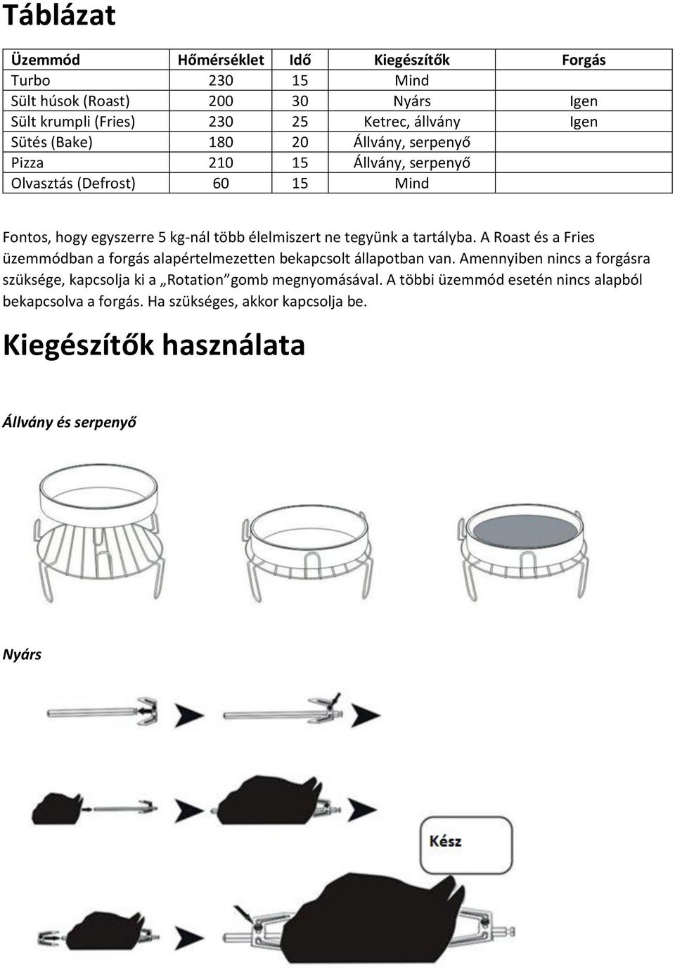 tegyünk a tartályba. A Roast és a Fries üzemmódban a forgás alapértelmezetten bekapcsolt állapotban van.