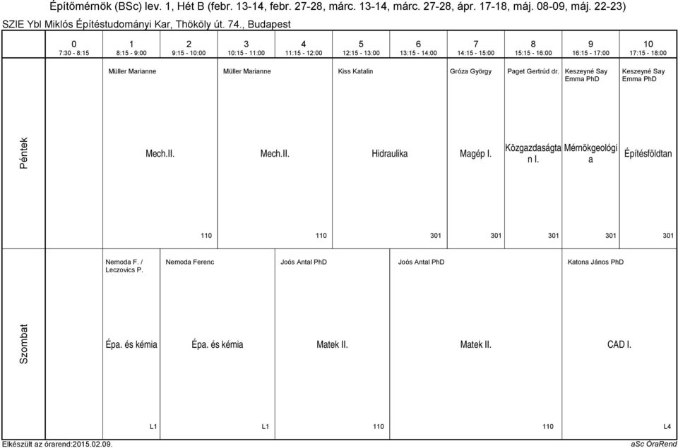 Keszeyné Say Emma PhD Keszeyné Say Emma PhD Mech.II. Mech.II. Hidraulika Magép I. Közgazdaságta n I. Mérnökgeológi a Építésföldtan Nemoda F.