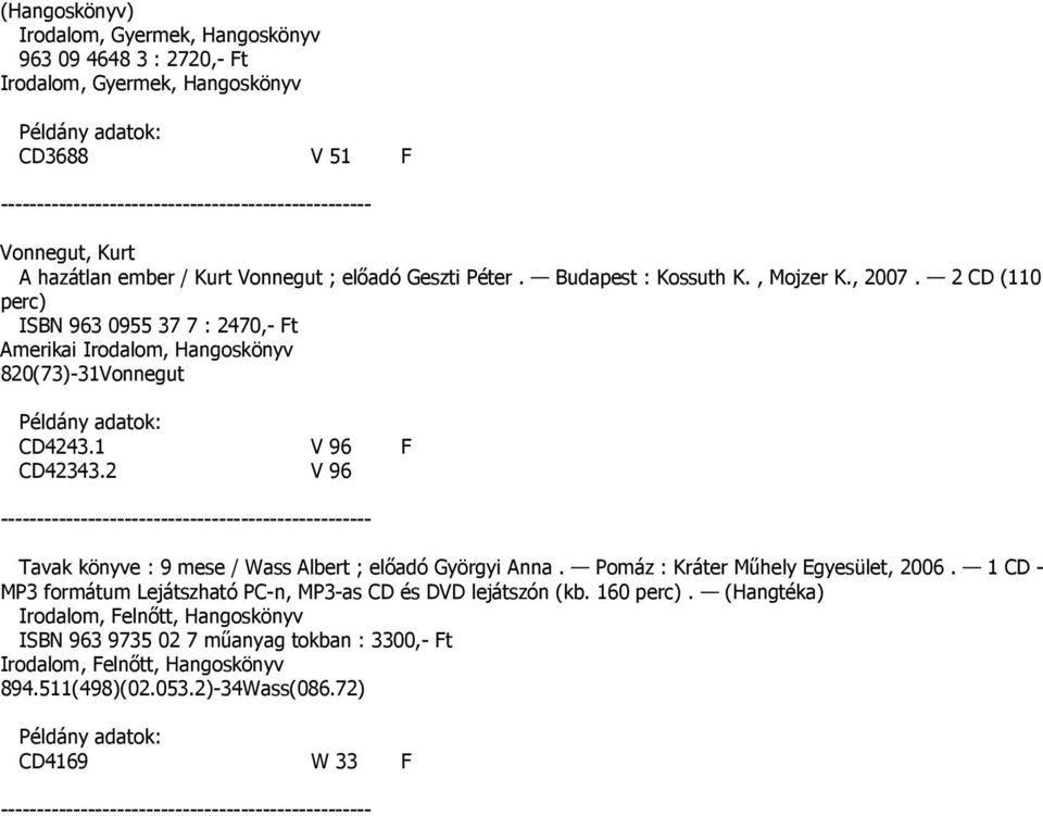 1 V 96 F CD42343.2 V 96 Tavak könyve : 9 mese / Wass Albert ; elıadó Györgyi Anna. Pomáz : Kráter Mőhely Egyesület, 2006.