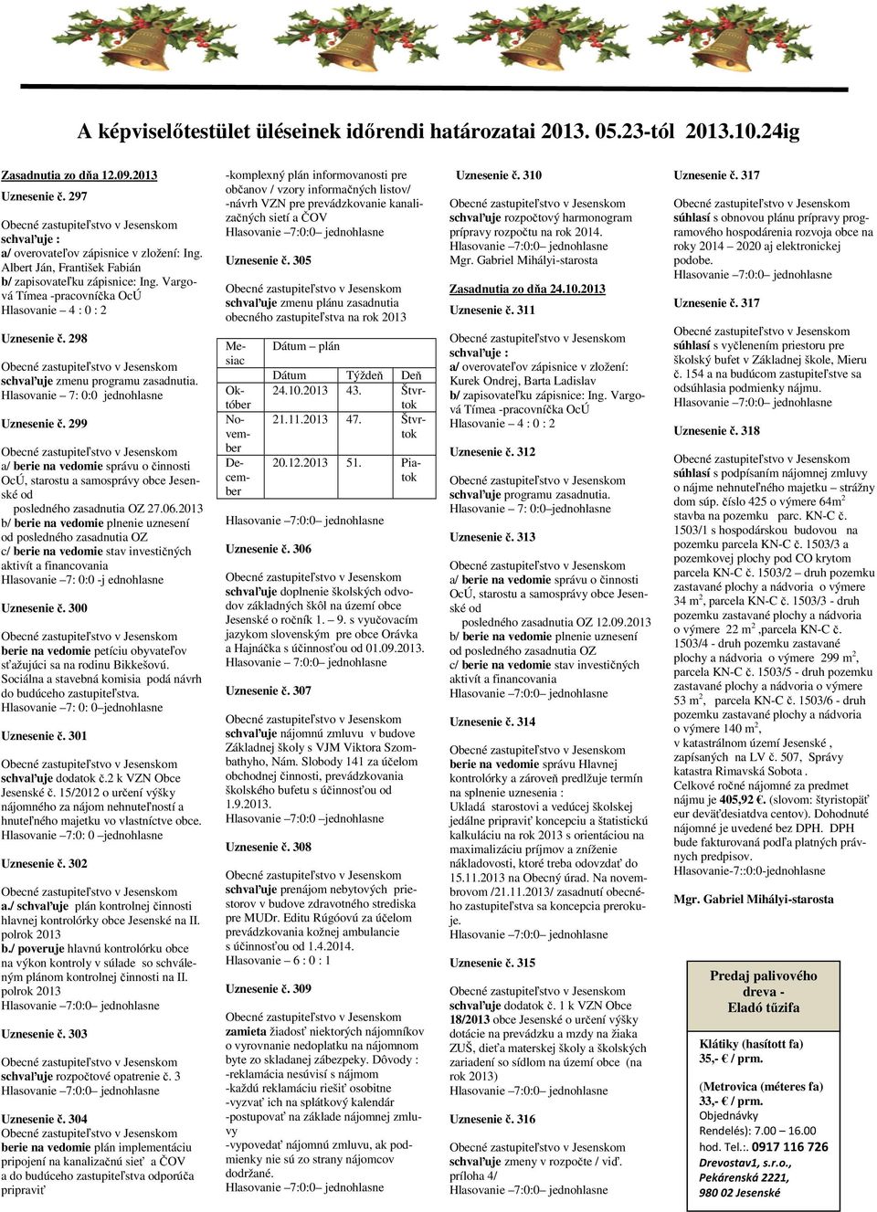 Hlasovanie 7: 0:0 jednohlasne Uznesenie. 299 a/ berie na vedomie správu o innosti OcÚ, starostu a samosprávy obce Jesenské od posledného zasadnutia OZ 27.06.