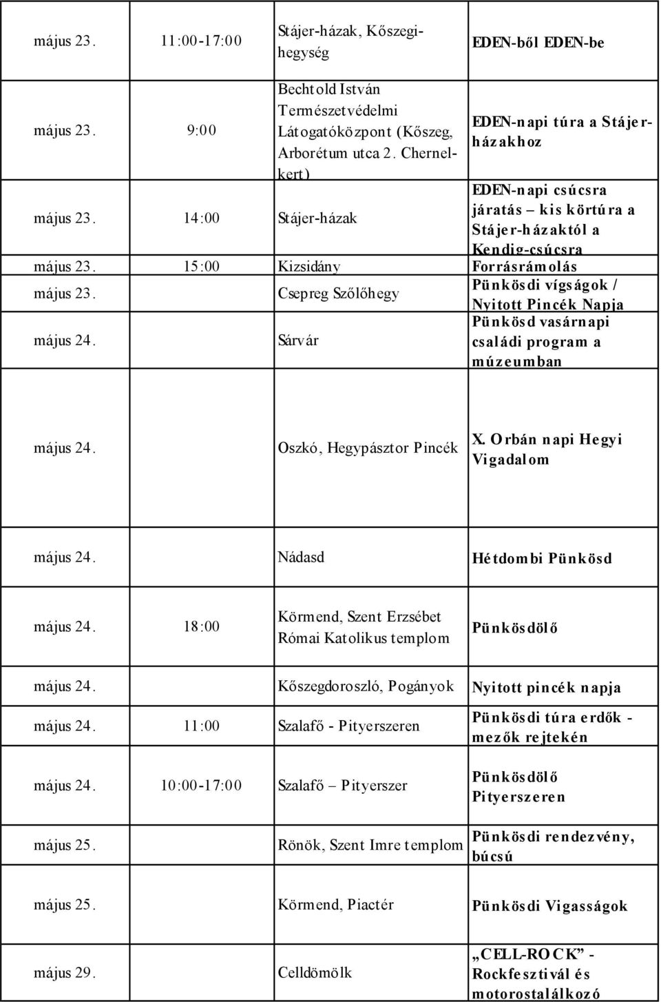 Csepreg Szőlőhegy Pünkösdi vígságok / Nyitott Pincé k Napja május 24. Sárvár Pünkösd vasárnapi családi program a múzeumban május 24. Oszkó, Hegypásztor Pincék X. O rbán napi Hegyi Vigadal om május 24.