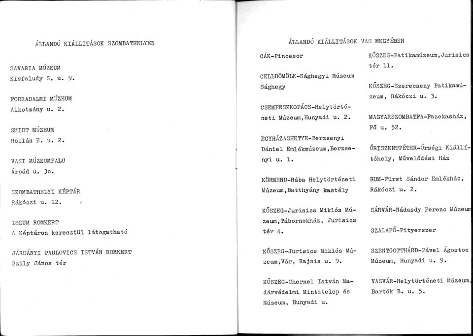 EGYHÁZASHETYE-Berzsenyi Dániel Emlékmúzeum,Berzsenyi u. l. KÖRMEND-Rába Helytörténeti Múzeum,Batthyány kastély KŐSZEG-Jurisics Miklós Múzeum,Tábornokház, Jurisics tér 4.