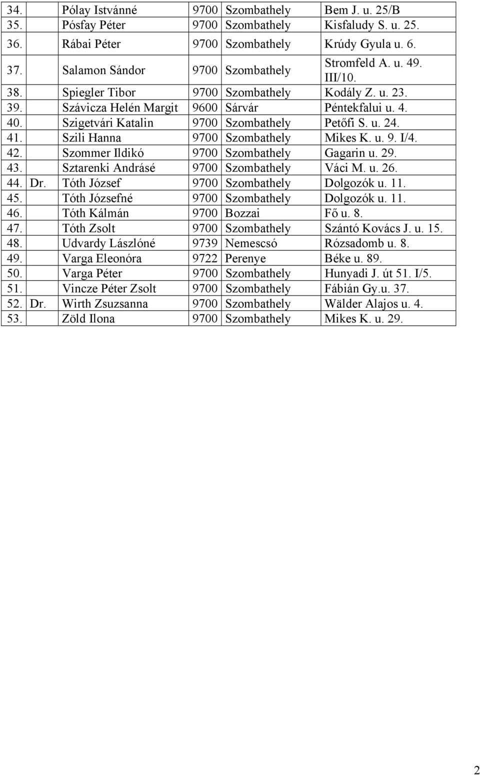 Szigetvári Katalin 9700 Szombathely Petőfi S. u. 24. 41. Szili Hanna 9700 Szombathely Mikes K. u. 9. I/4. 42. Szommer Ildikó 9700 Szombathely Gagarin u. 29. 43.