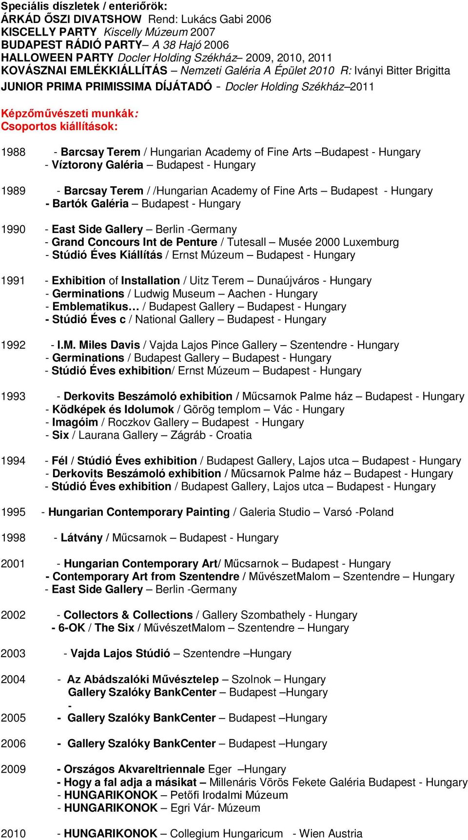 kiállítások: 1988 - Barcsay Terem / Hungarian Academy of Fine Arts Budapest - Hungary - Víztorony Galéria Budapest - Hungary 1989 - Barcsay Terem / /Hungarian Academy of Fine Arts Budapest - Hungary