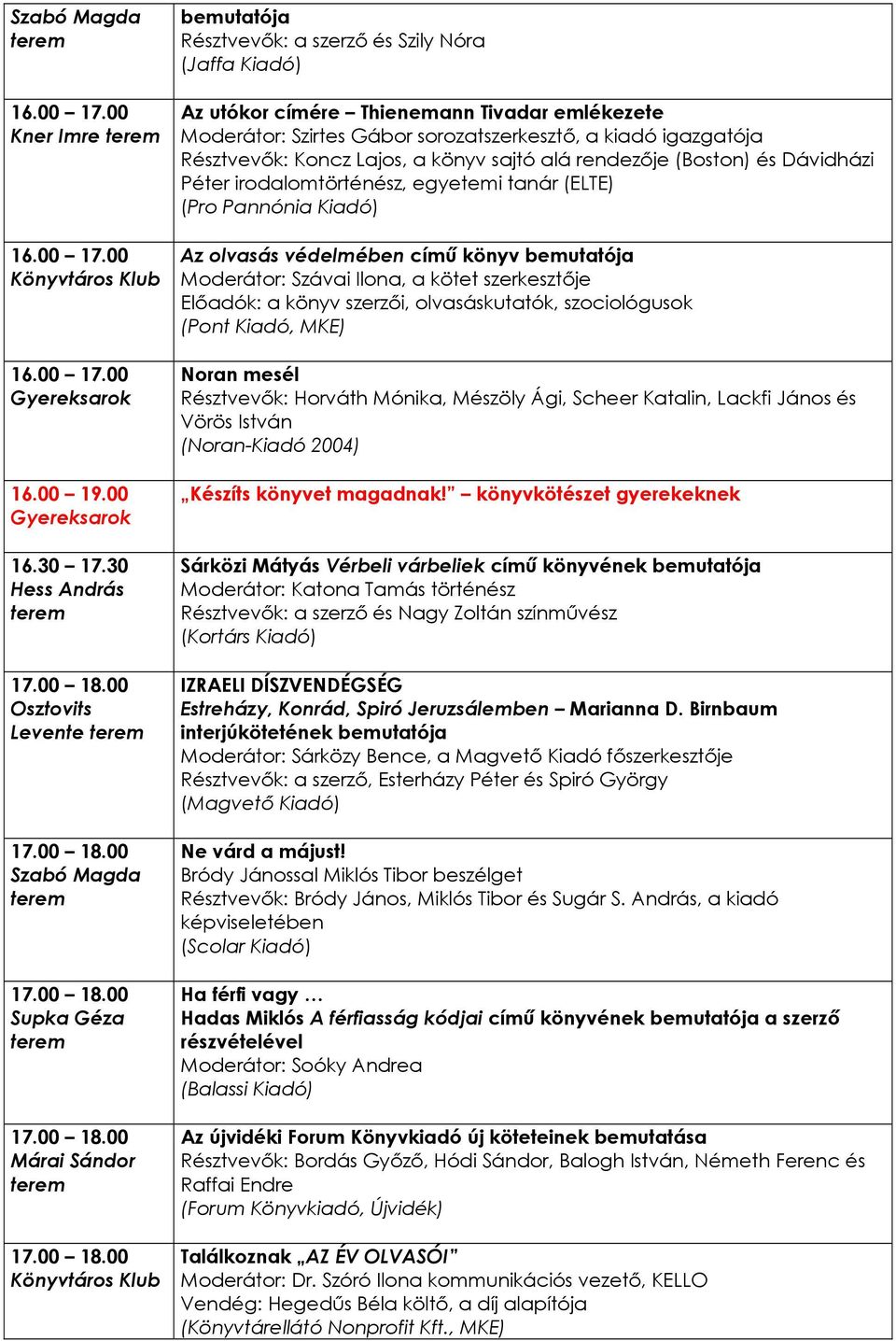 igazgatója Résztvevők: Koncz Lajos, a könyv sajtó alá rendezője (Boston) és Dávidházi Péter irodalomtörténész, egyetemi tanár (ELTE) (Pro Pannónia Kiadó) Az olvasás védelmében című könyv bemutatója