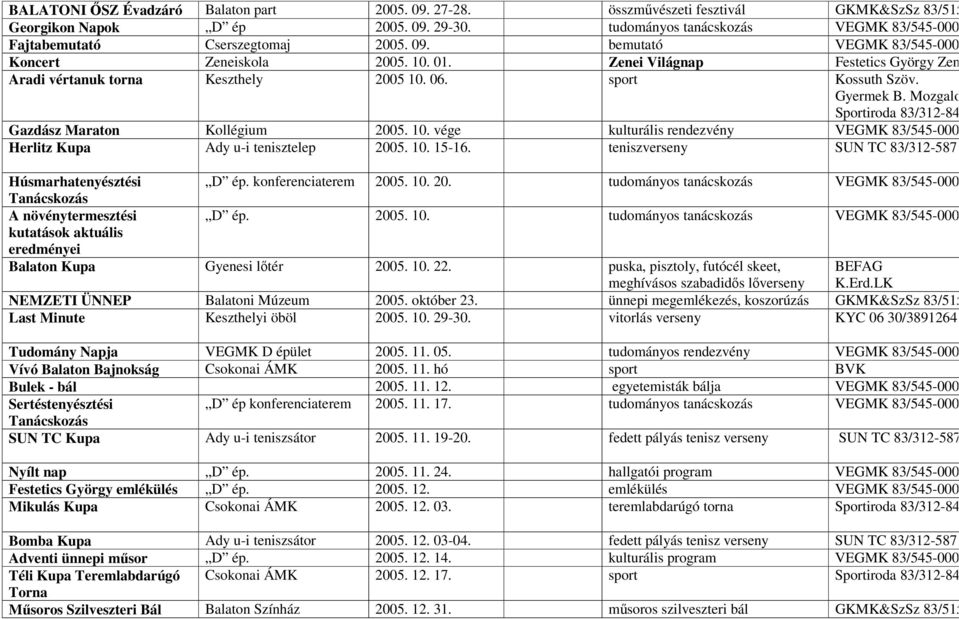 Zenei Világnap Festetics György Zen Aradi vértanuk torna Keszthely 2005 10. 06. sport Kossuth Szöv. Gazdász Maraton Kollégium 2005. 10. vége kulturális rendezvény VEGMK 83/545-000 Herlitz Kupa Ady u-i tenisztelep 2005.