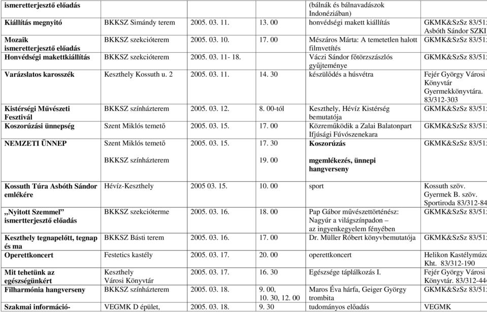 2 2005. 03. 11. 14. 30 készülődés a húsvétra Fejér György Városi Gyermekkönyvtára. 83/312-303 Kistérségi Művészeti BKKSZ színházterem 2005. 03. 12. 8. 00-tól Keszthely, Hévíz Kistérség Fesztivál bemutatója Koszorúzási ünnepség Szent Miklós temető 2005.