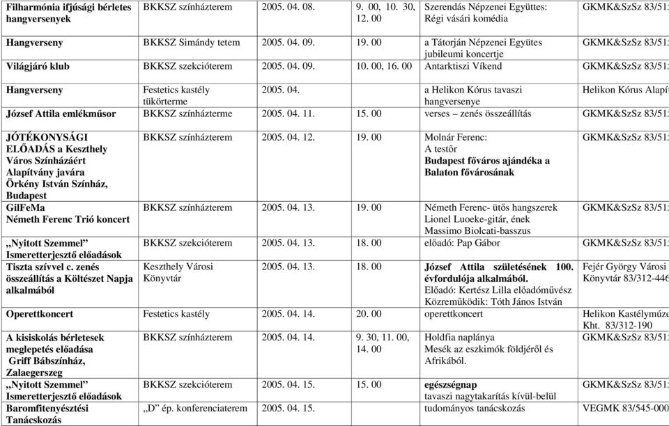 09. 10. 00, 16. 00 Antarktiszi Víkend Hangverseny Festetics kastély 2005. 04. a Helikon Kórus tavaszi Helikon Kórus Alapít tükörterme hangversenye József Attila emlékműsor BKKSZ színházterme 2005. 04. 11.