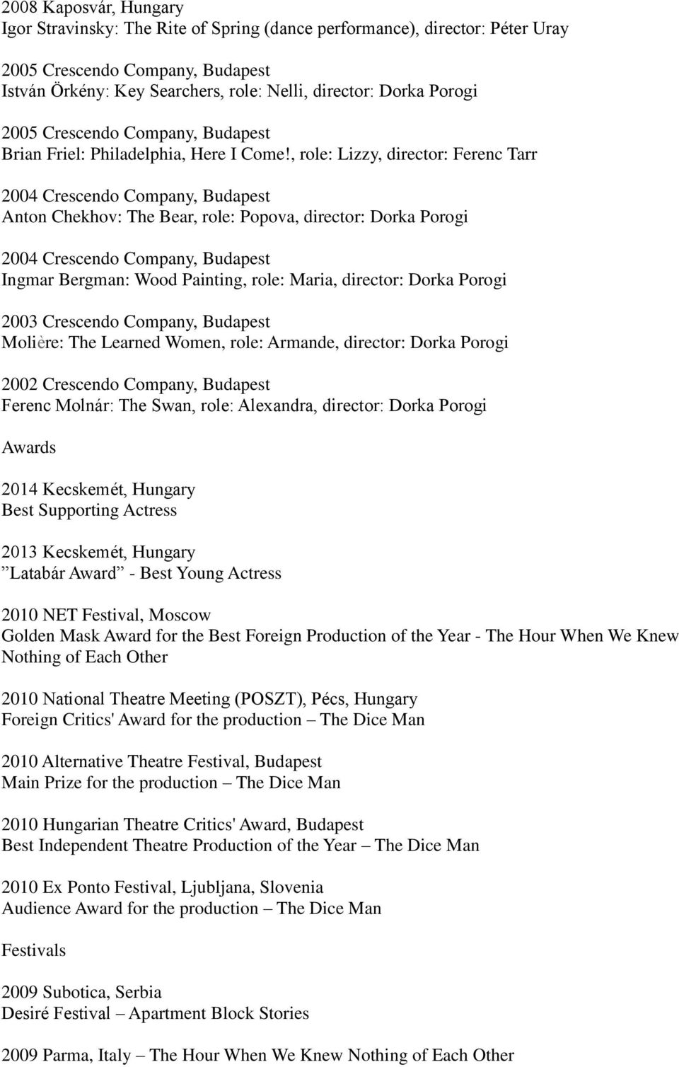 , role: Lizzy, director: Ferenc Tarr 2004 Crescendo Company, Budapest Anton Chekhov: The Bear, role: Popova, director: Dorka Porogi 2004 Crescendo Company, Budapest Ingmar Bergman: Wood Painting,