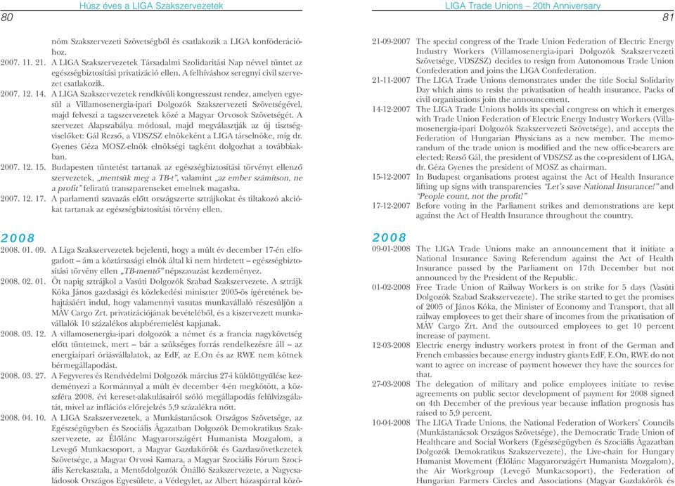 A LIGA Szakszervezetek rendkívüli kongresszust rendez, amelyen egyesül a Villamosenergia-ipari Dolgozók Szakszervezeti Szövetségével, majd felveszi a tagszervezetek közé a Magyar Orvosok Szövetségét.