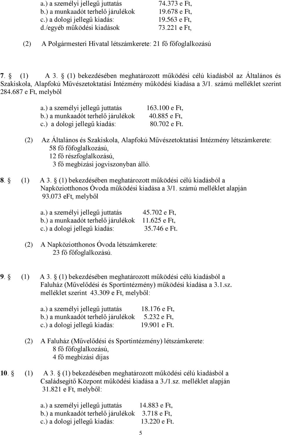 (1) bekezdésében meghatározott működési célú kiadásból az Általános és Szakiskola, Alapfokú Művészetoktatási Intézmény működési kiadása a 3/1. számú melléklet szerint 284.687 e Ft, melyből a.