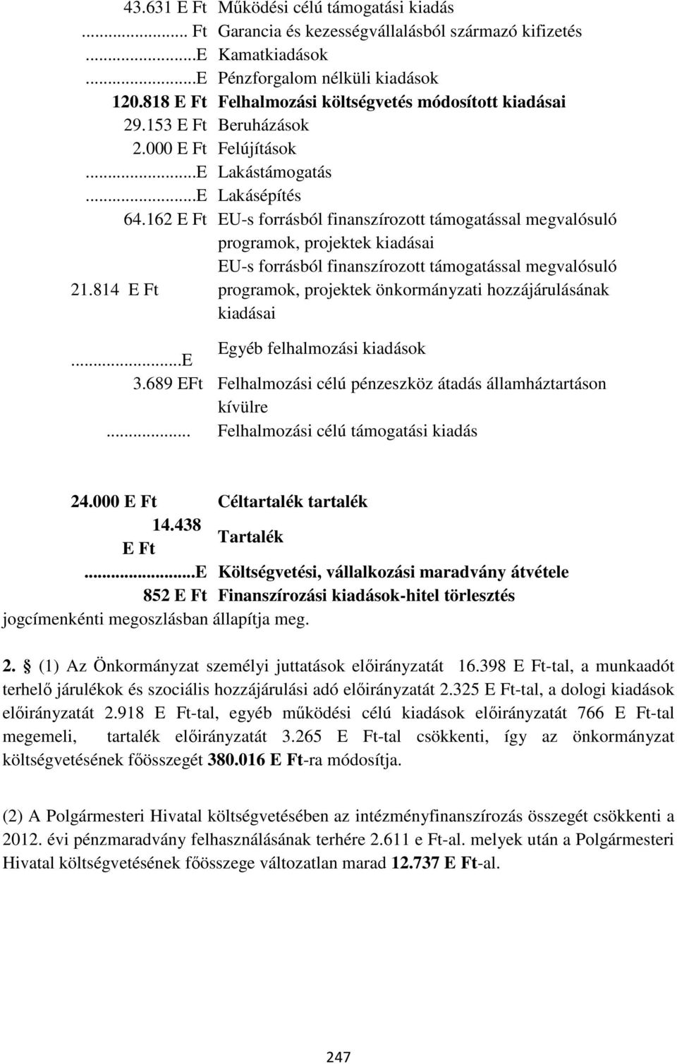 162 E Ft EU-s forrásból finanszírozott támogatással megvalósuló programok, projektek kiadásai EU-s forrásból finanszírozott támogatással megvalósuló 21.