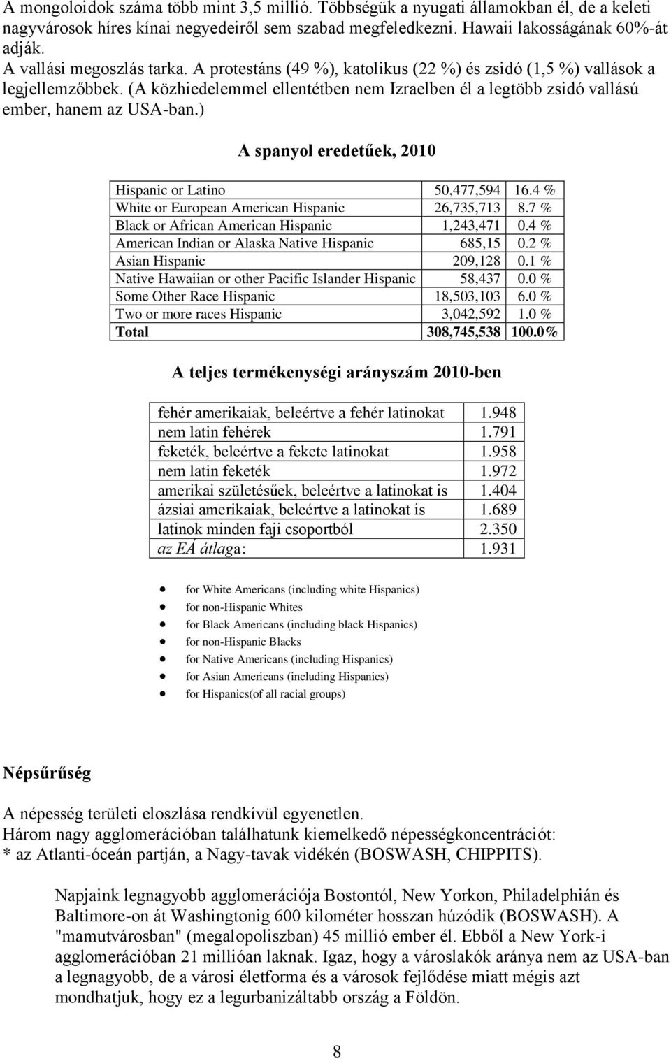 (A közhiedelemmel ellentétben nem Izraelben él a legtöbb zsidó vallású ember, hanem az USA-ban.) A spanyol eredetűek, 2010 Hispanic or Latino 50,477,594 16.