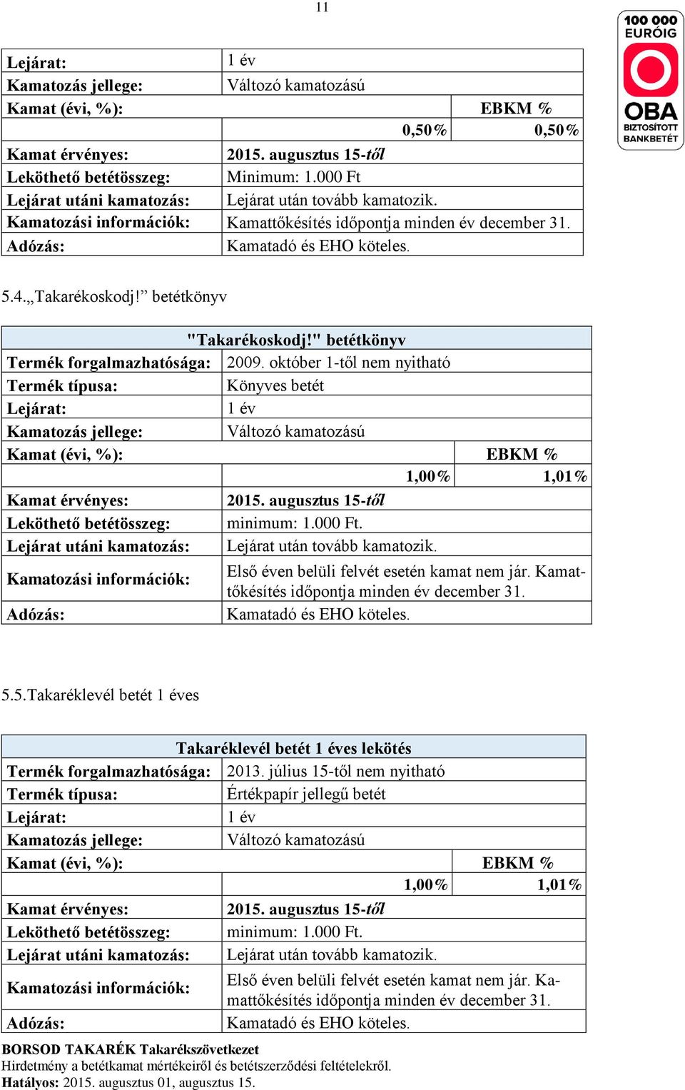 október 1-től nem nyitható Könyves betét 1 év 1,00% 1,01% Első éven belüli felvét esetén kamat nem jár. Kamattőkésítés időpontja minden év december 31.