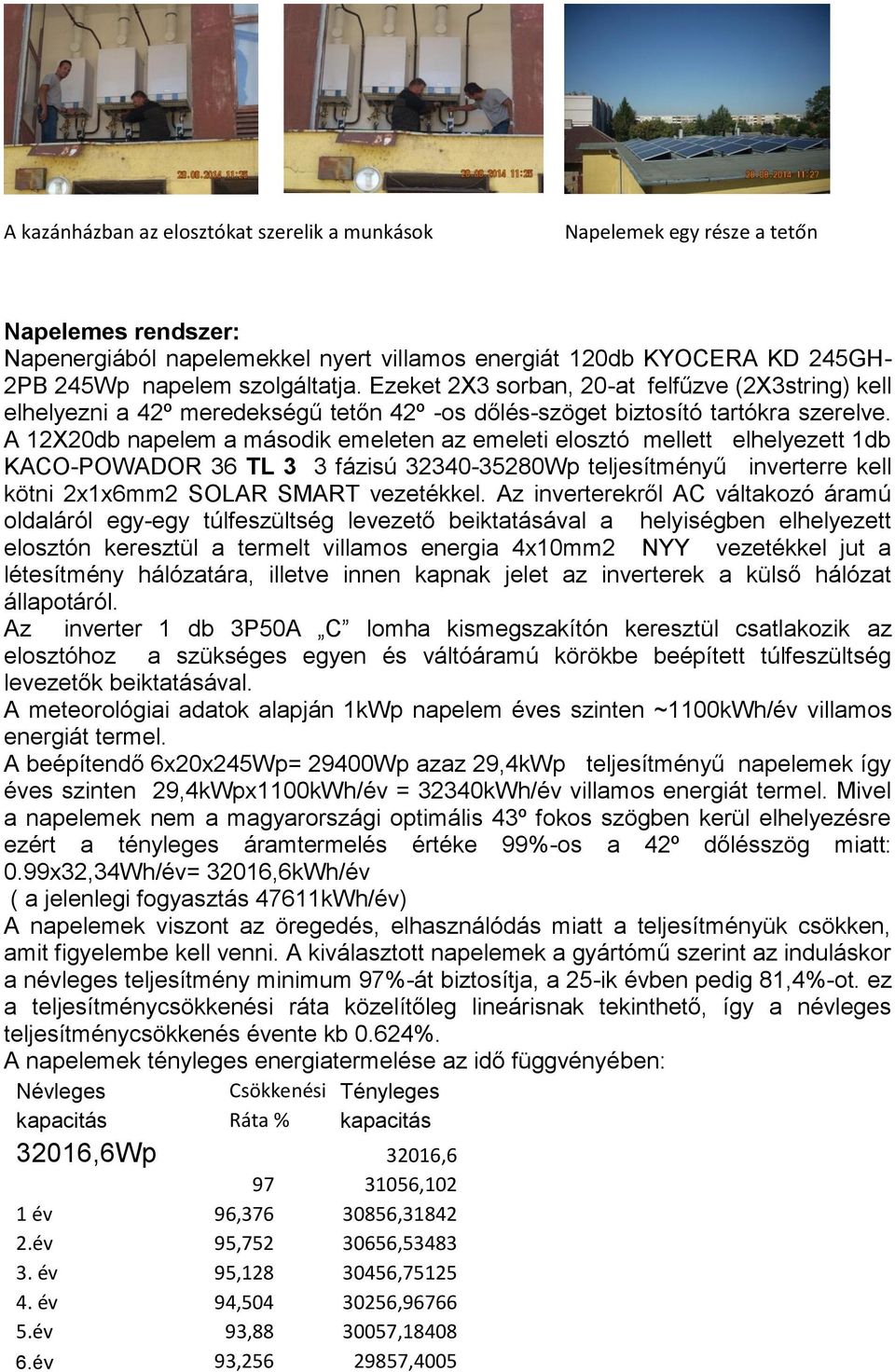 A 12X20db napelem a második emeleten az emeleti elosztó mellett elhelyezett 1db KACO-POWADOR 36 TL 3 3 fázisú 32340-35280Wp teljesítményű inverterre kell kötni 2x1x6mm2 SOLAR SMART vezetékkel.