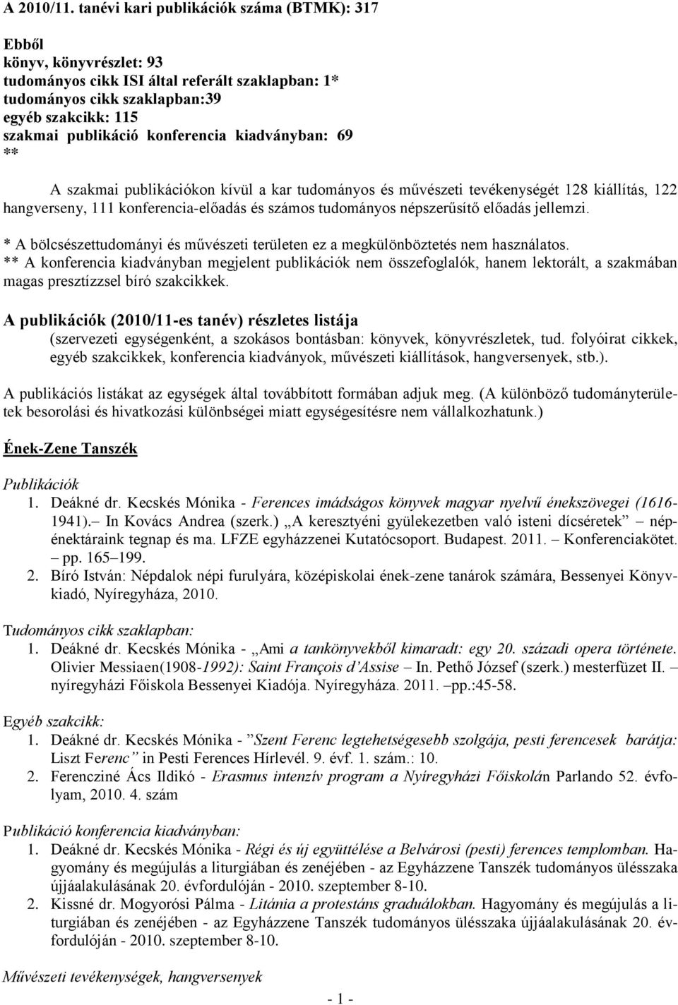 konferencia kiadványban: 69 ** A szakmai publikációkon kívül a kar tudományos és művészeti tevékenységét 128 kiállítás, 122 hangverseny, 111 konferencia-előadás és számos tudományos népszerűsítő