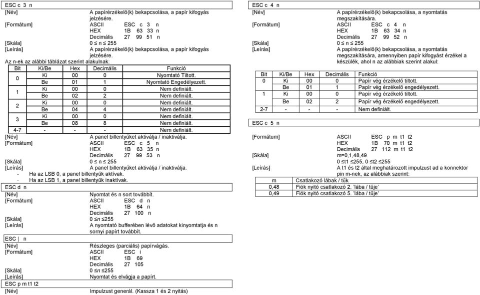 Az n-ek az alábbi táblázat szerint alakulnak: Bit Ki/Be Hex Decimális Funkció 0 Ki 00 0 Nyomtató Tiltott. Be 01 1 Nyomtató Engedélyezett. 1 Ki 00 0 Nem definiált. Be 02 2 Nem definiált.