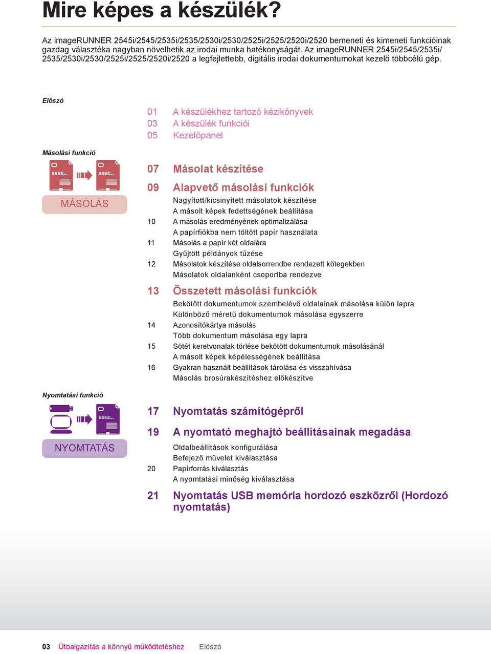 Előszó 0 A készülékhez tartozó kézikönyvek 03 A készülék funkciói 05 Kezelőpanel Másolási funkció 07 Másolat készítése MÁSOLÁS 09 Alapvető másolási funkciók Nagyított/kicsinyített másolatok készítése