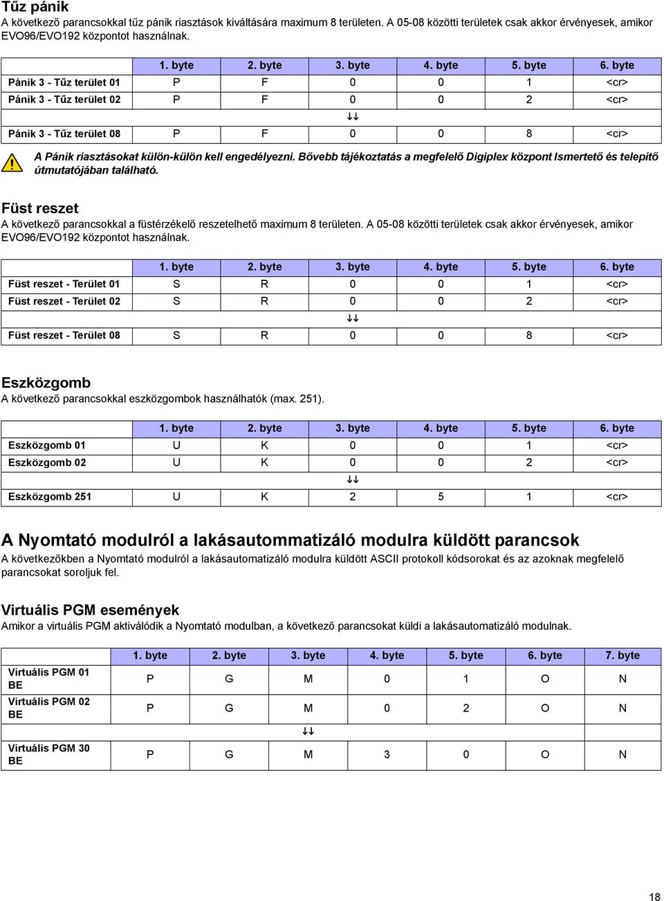 Bővebb tájékoztatás a megfelelő Digiplex központ Ismertető és telepítő útmutatójában található. Füst reszet A következő parancsokkal a füstérzékelő reszetelhető maximum 8 területen.