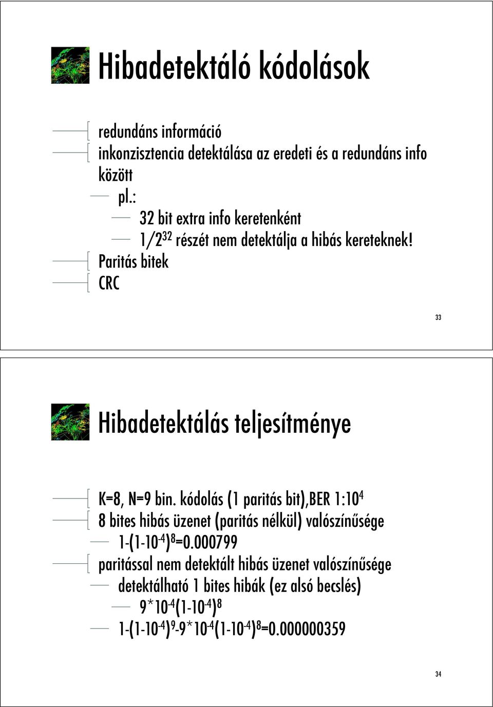 Paritás bitek CRC 33 Hibadetektálás teljesítménye K=8, N=9 bin.