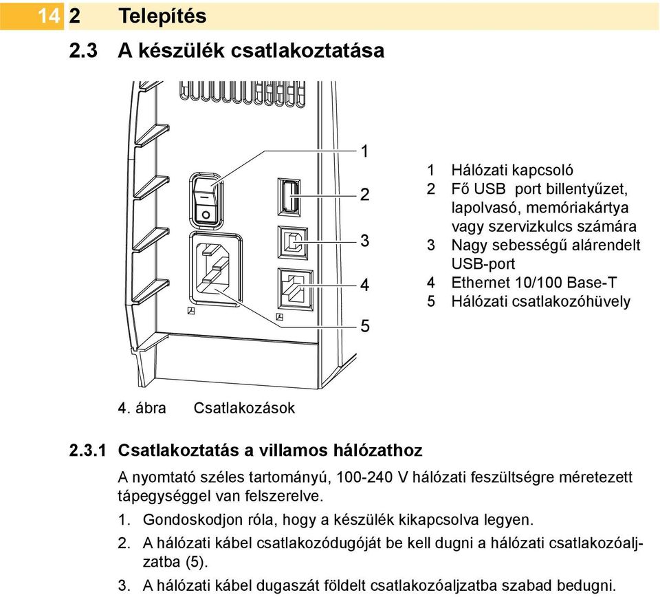 alárendelt USB-port 4 Ethernet 10/100 Base-T 5 Hálózati csatlakozóhüvely 4. ábra Csatlakozások 2.3.