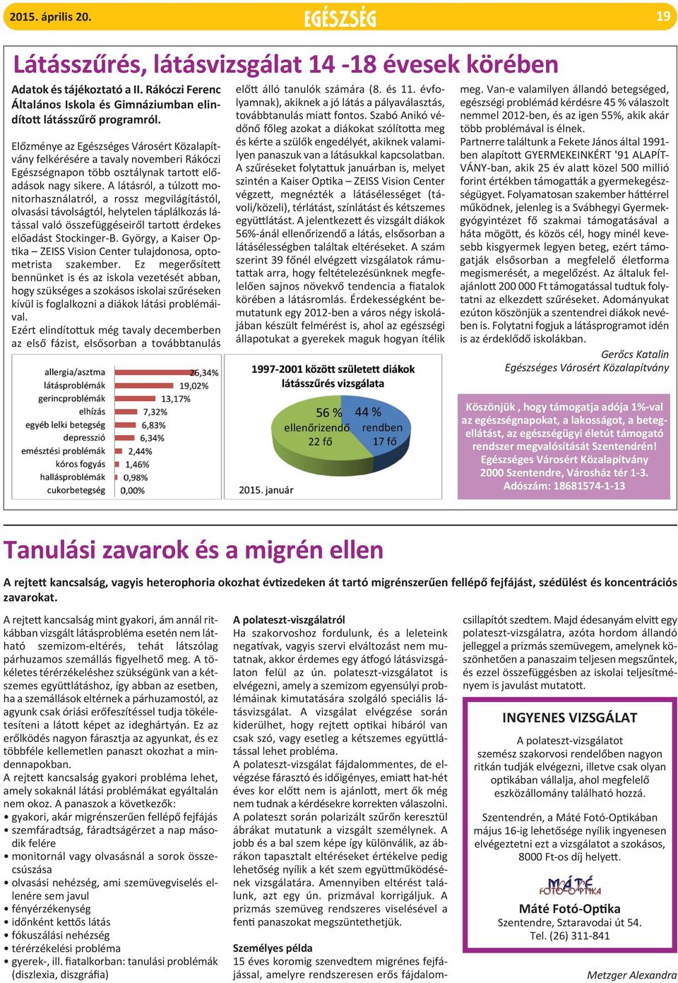 A látásról, a túlzott monitorhasználatról, a rossz megvilágítástól, olvasási távolságtól, helytelen táplálkozás látással való összefüggéseiről tartott érdekes előadást Stockinger-B.