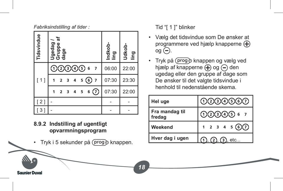 Tid [ 1 ] blinker Vælg det tidsvindue som De ønsker at programmere ved hjælp knapperne og.