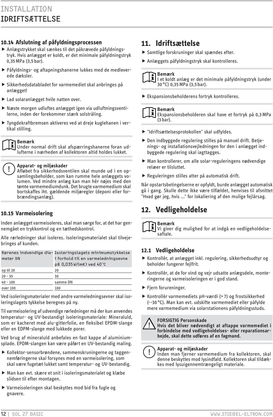 Næste morgen udluftes anlægget igen via udluftningsventilerne, inden der forekommer stærk solstråling. Tyngdekraftbremsen aktiveres ved at dreje kuglehanen i vertikal stilling.