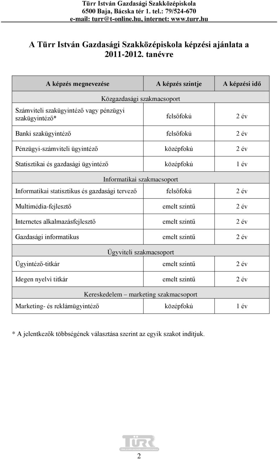 Pénzügyi-számviteli ügyintéző középfokú 2 év Statisztikai és gazdasági ügyintéző középfokú 1 év Informatikai szakmacsoport Informatikai statisztikus és gazdasági tervező felsőfokú 2 év