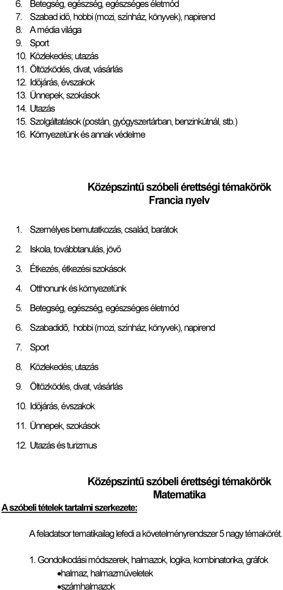 Környezetünk és annak védelme Középszintű szóbeli érettségi témakörök Francia nyelv 1. Személyes bemutatkozás, család, barátok 2. Iskola, továbbtanulás, jövő 3. Étkezés, étkezési szokások 4.