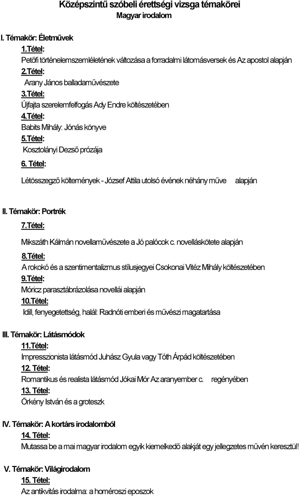 Tétel: Létösszegző költemények - József Attila utolsó évének néhány műve alapján II. Témakör: Portrék 7.Tétel: Mikszáth Kálmán novellaművészete a Jó palócok c. novelláskötete alapján 8.