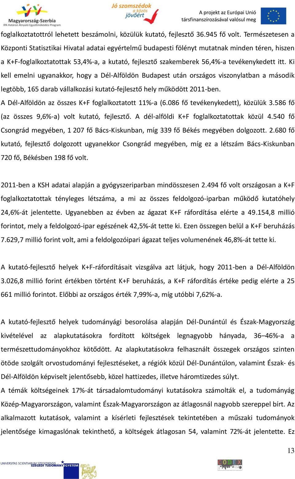 itt. Ki kell emelni ugyanakkor, hogy a Dél-Alföldön Budapest után országos viszonylatban a második legtöbb, 165 darab vállalkozási kutató-fejlesztő hely működött 2011-ben.