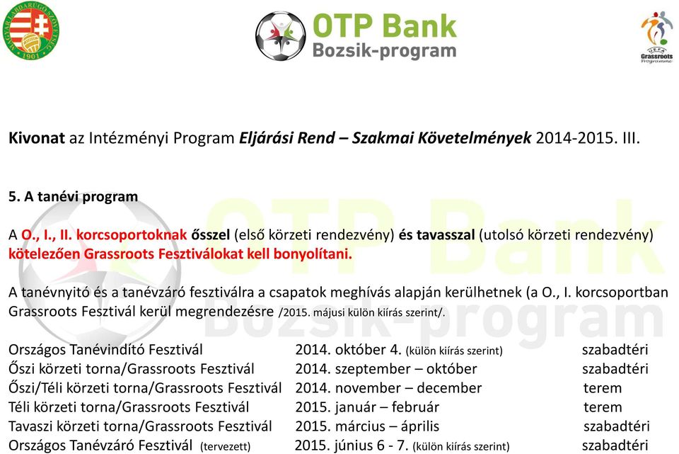 A tanévnyitó és a tanévzáró fesztiválra a csapatok meghívás alapján kerülhetnek (a O., I. korcsoportban Grassroots Fesztivál kerül megrendezésre /2015. májusi külön kiírás szerint/.