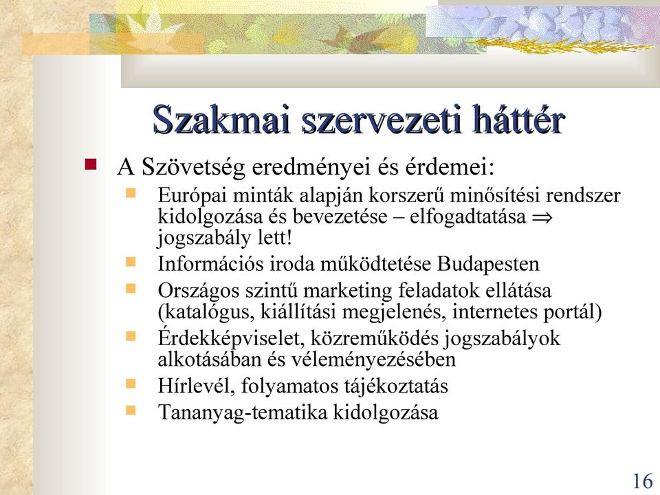 Információs iroda működtetése Budapesten Országos szintű marketing feladatok ellátása (katalógus, kiállítási