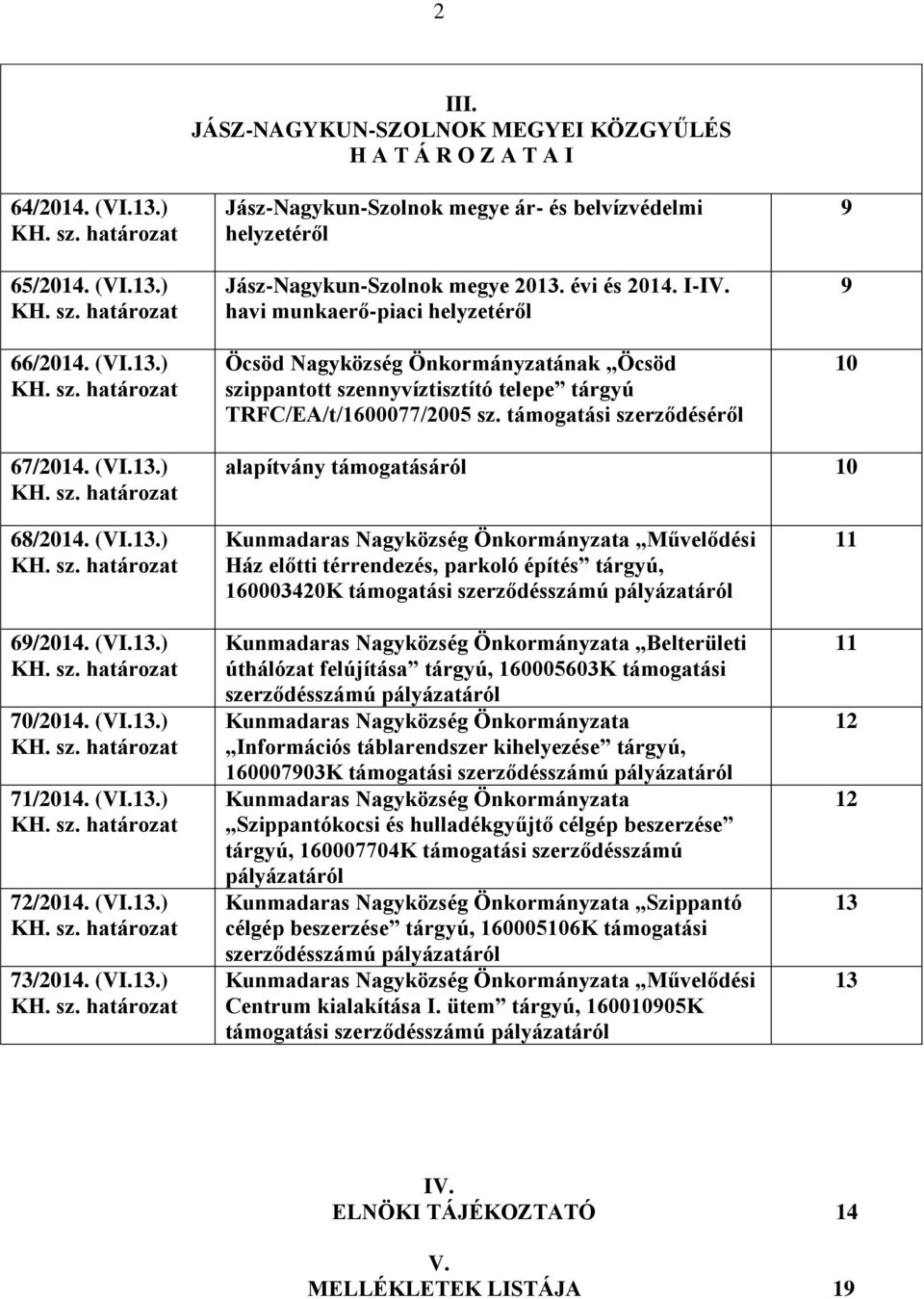 havi munkaerő-piaci helyzetéről Öcsöd Nagyközség Önkormányzatának Öcsöd szippantott szennyvíztisztító telepe tárgyú TRFC/EA/t/1600077/2005 sz. támogatási szerződéséről 9 9 10 67/2014. (VI.13.) KH. sz. határozat alapítvány támogatásáról 10 68/2014.