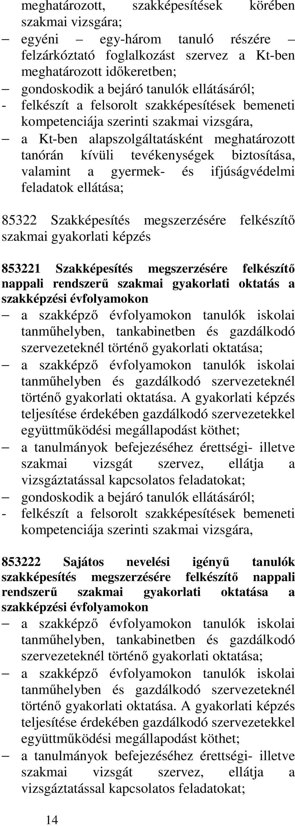 gyermek- és ifjúságvédelmi feladatok ellátása; 85322 Szakképesítés megszerzésére felkészítő szakmai gyakorlati képzés 853221 Szakképesítés megszerzésére felkészítő nappali rendszerű szakmai