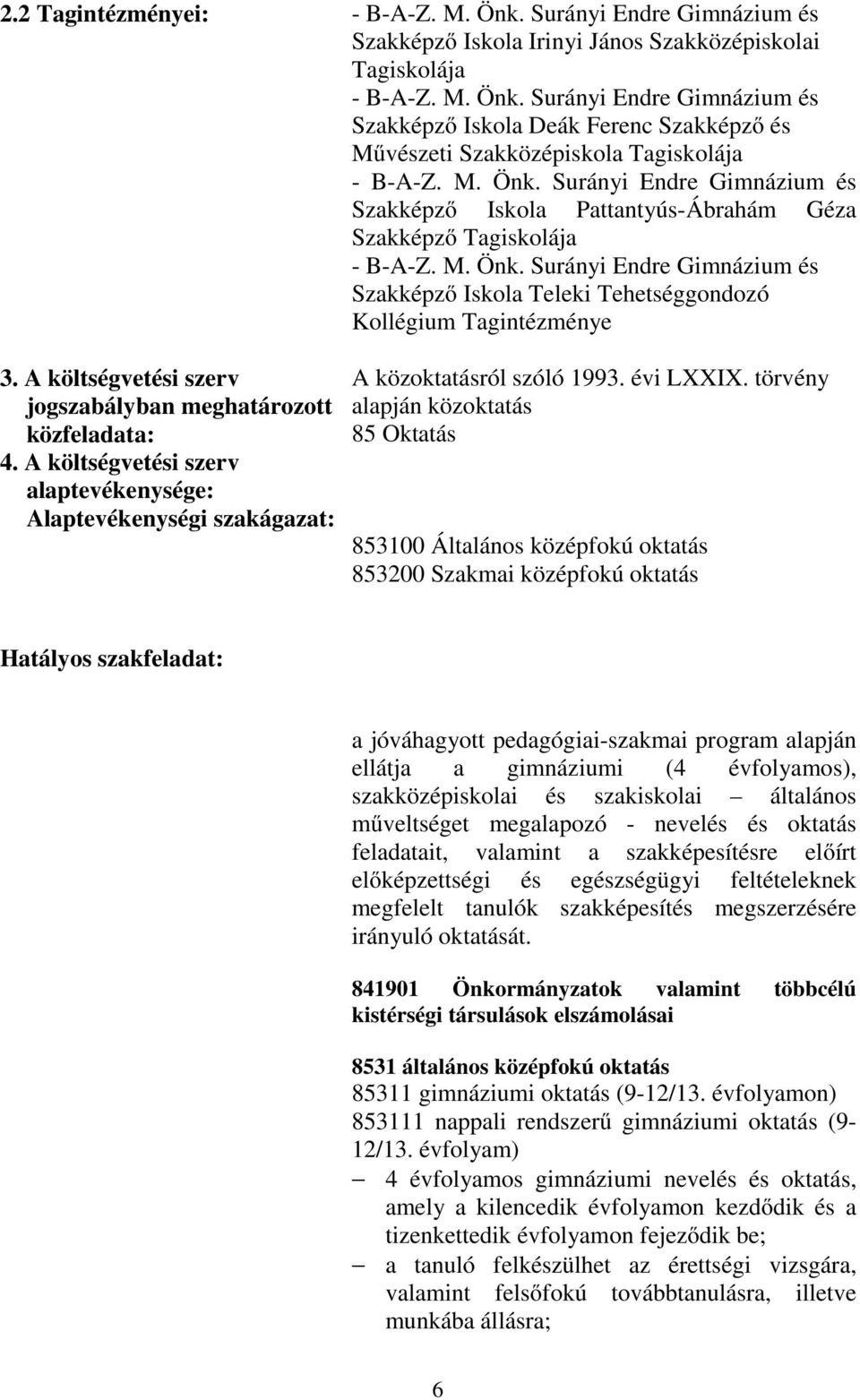 A költségvetési szerv jogszabályban meghatározott közfeladata: 4. A költségvetési szerv alaptevékenysége: Alaptevékenységi szakágazat: A közoktatásról szóló 1993. évi LXXIX.