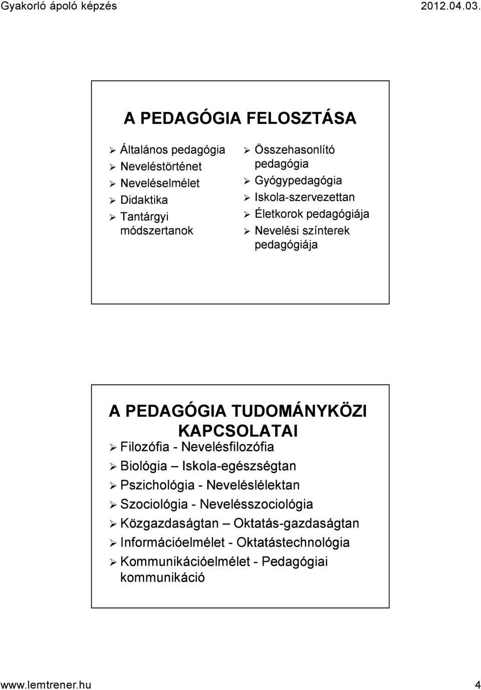 KAPCSOLATAI Filozófia - Nevelésfilozófia Biológia Iskola-egészségtan Pszichológia - Neveléslélektan Szociológia -