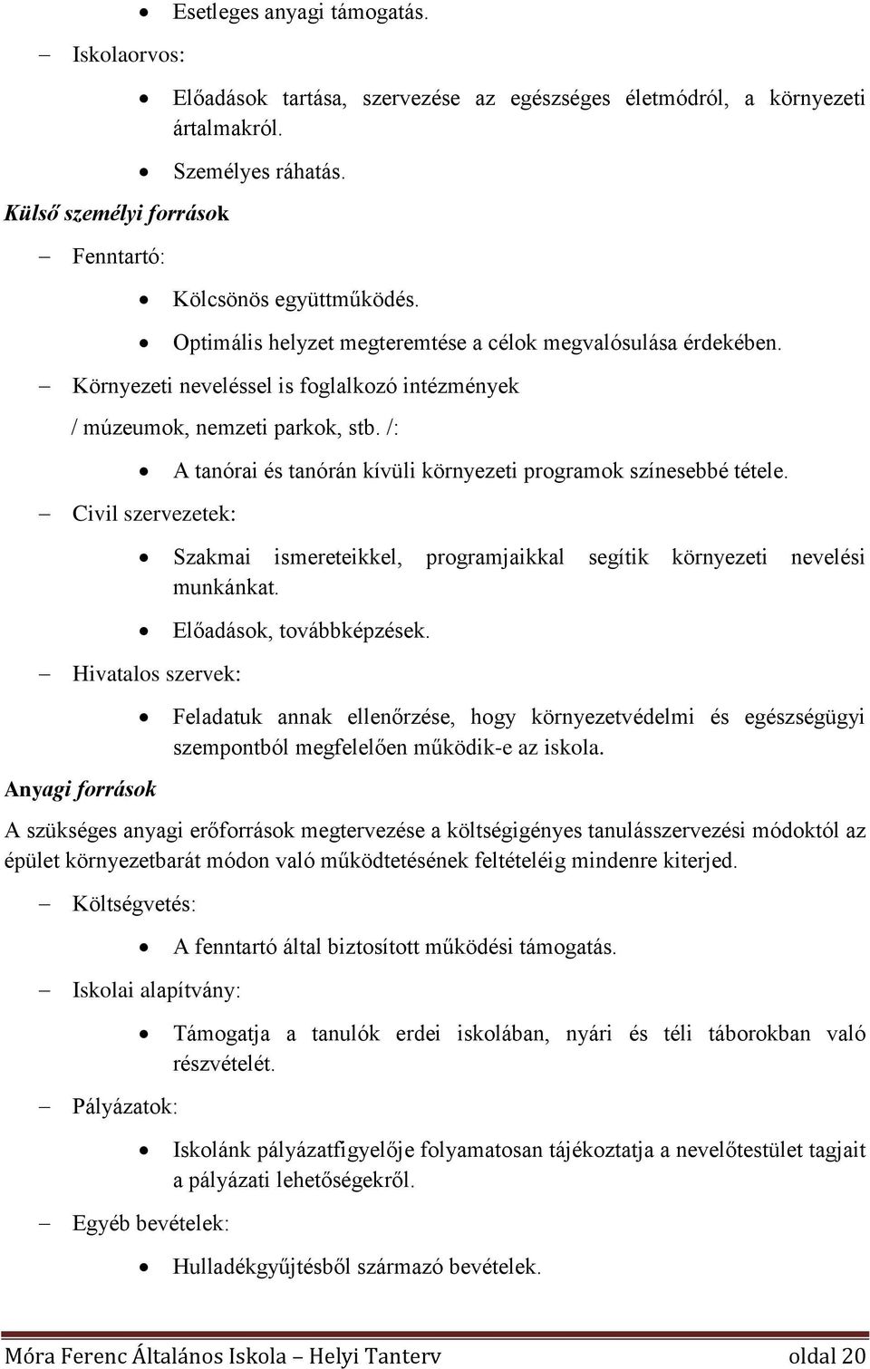 /: Civil szervezetek: A tanórai és tanórán kívüli környezeti programok színesebbé tétele. Szakmai ismereteikkel, programjaikkal segítik környezeti nevelési munkánkat. Előadások, továbbképzések.