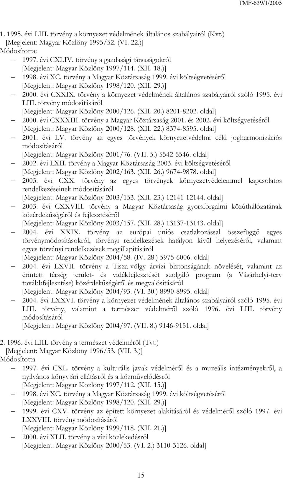 )] 2000. évi CXXIX. törvény a környezet védelmének általános szabályairól szóló 1995. évi LIII. törvény módosításáról [Megjelent: Magyar Közlöny 2000/126. (XII. 20.) 8201-8202. oldal] 2000.