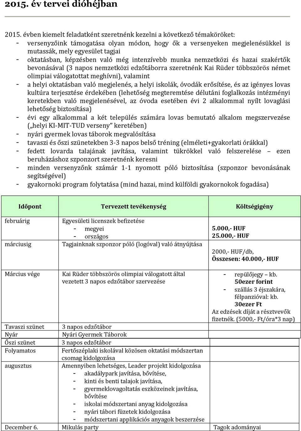 képzésben való még intenzívebb munka nemzetközi és hazai szakértők bevonásával (3 napos nemzetközi edzőtáborra szeretnénk Kai Rüder többszörös német olimpiai válogatottat meghívni), valamint - a